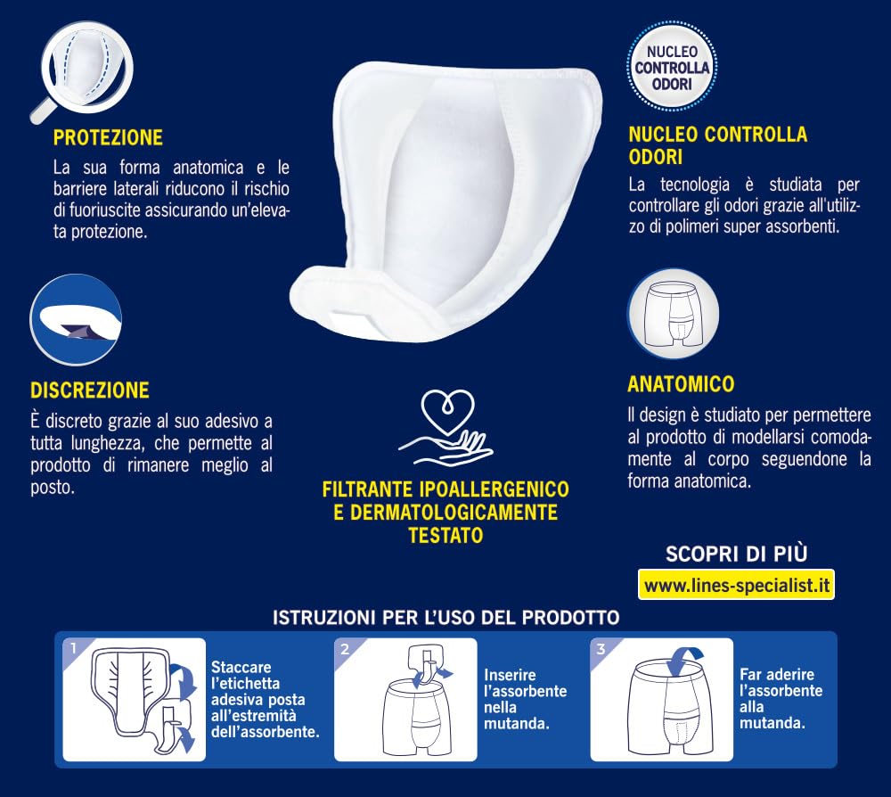 Lines Specialist Assorbenti Maschili Medium Livello 2, Anatomici e con Nucleo Controlla Odori, Protezione e Discrezione, 8 Confezioni da 14 Unità