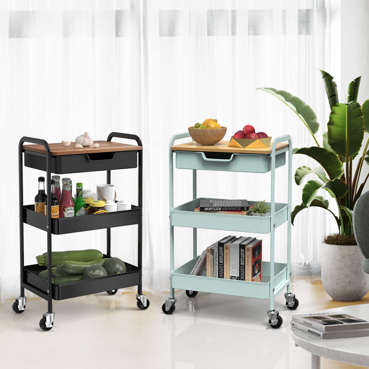 Chariot de Rangement à 3 Niveaux avec et roulettes et Tiroir Desserte Meuble Organisation pour Bureau D'atelier et Cuisine Lessive Salle de Bain (Vert)