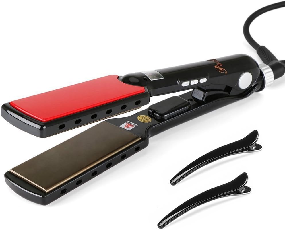 Titanium Hair Straightener - Pulla Pro 1.5 inch MCH Plates Flat Iron, LCD Display Adjustable 180F to 470F Achieve Salon Anti Frizz - Dual voltage and Auto Shut Off
