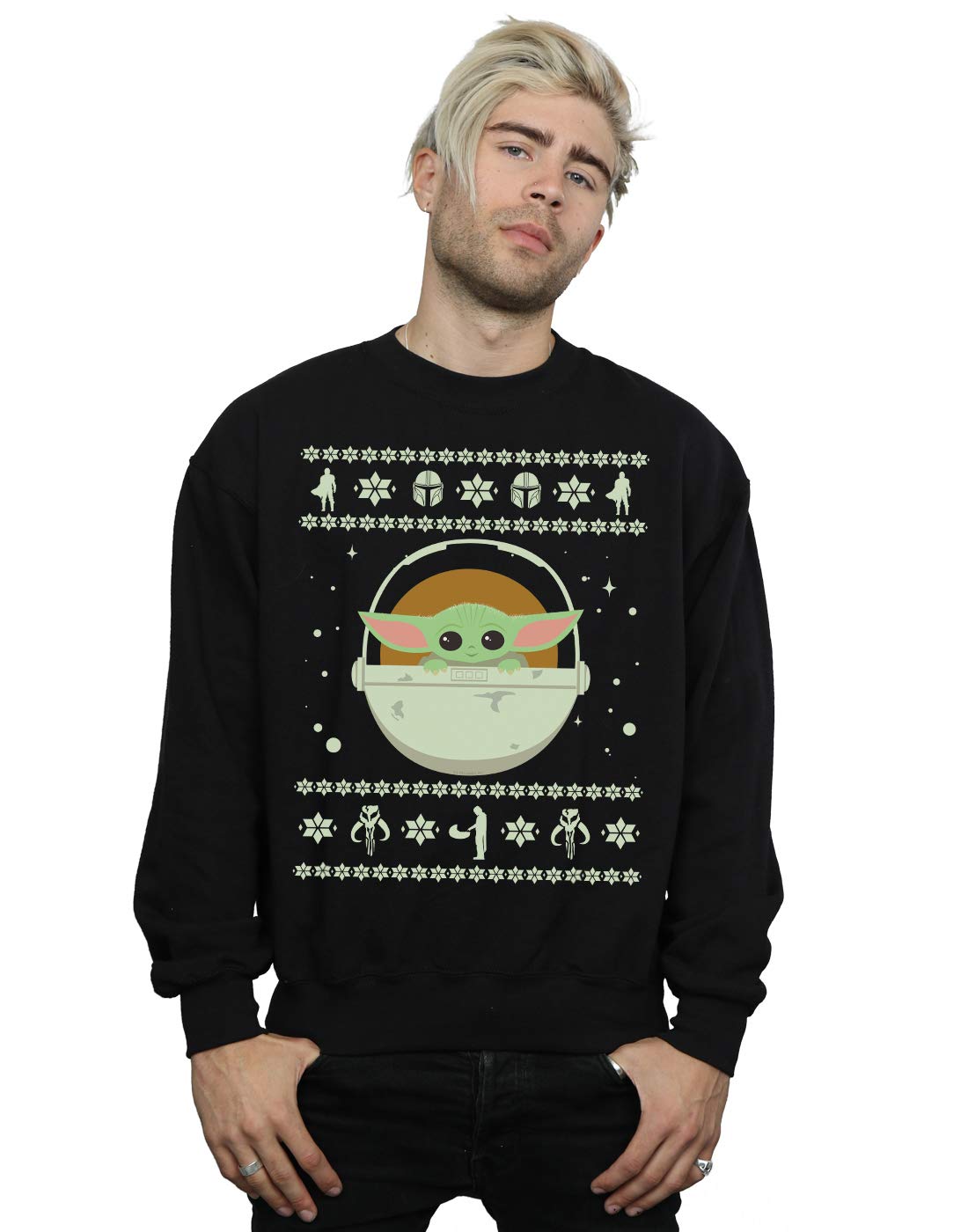Absolute Cult Men's Black Star Wars The Mandalorian The Child Christmas Sweatshirt Medium