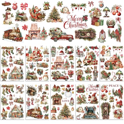 10 Sheets Vintage Christmas Rub on Transfer, Xmas Cute Snowman Elk Nutcracker Iod Transfer Stickers Rub on Crafts, Retro Sticker for Wood Furniture Scrapbooking Canvas Decoration (Farm Christmas)