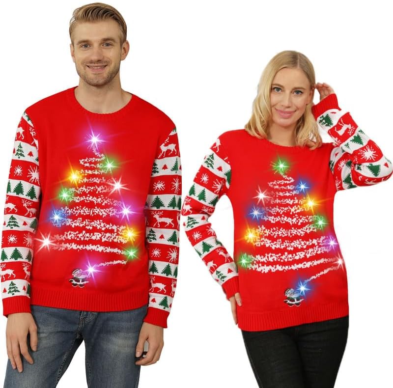 FWV Ugly Christmas Sweater for Women Men,Light up Christmas Sweater,Unisex Cute Xmas Tree Funny Holiday Ugly Sweaters Xmas for Couples Set Red