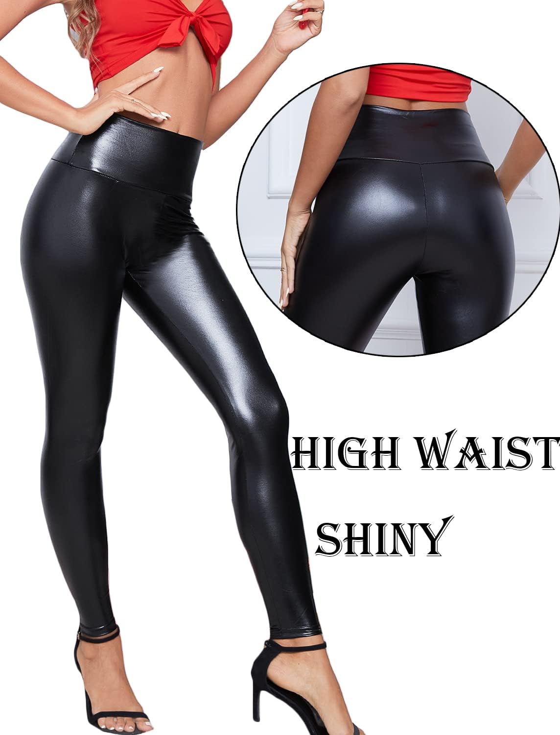 RIOJOY Womens Sexy Leather Leggings PU High Waist Butt Lifting Pleather Pants Stretchy Faux Leather Tights Push Up - Image 4