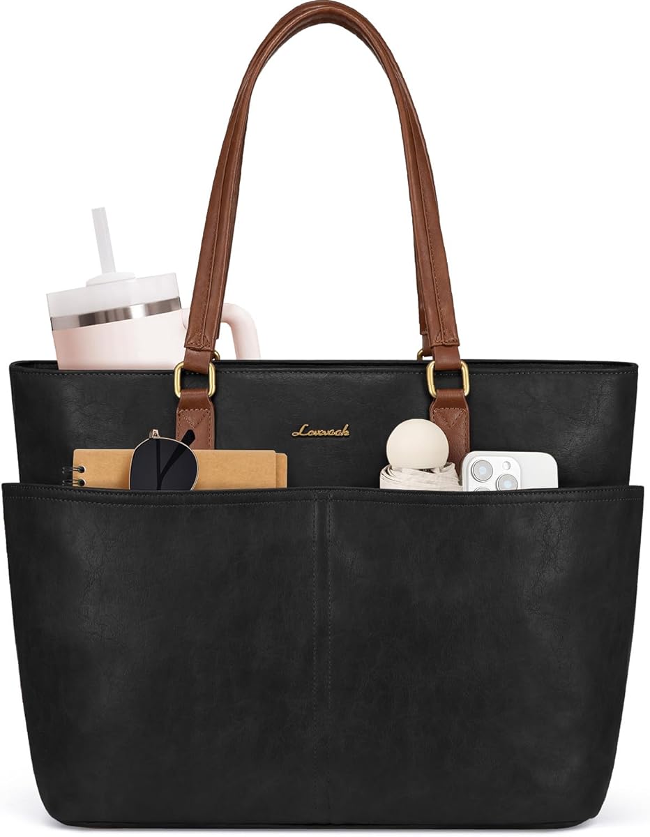 LOVEVOOK 15.6 Inch Laptop Bag for Women, Vintage Leather Work Tote Bags with Large Cup Holder, Teacher Nurse Medical Professional Computer Bag, Office Briefcase Handbag Gift