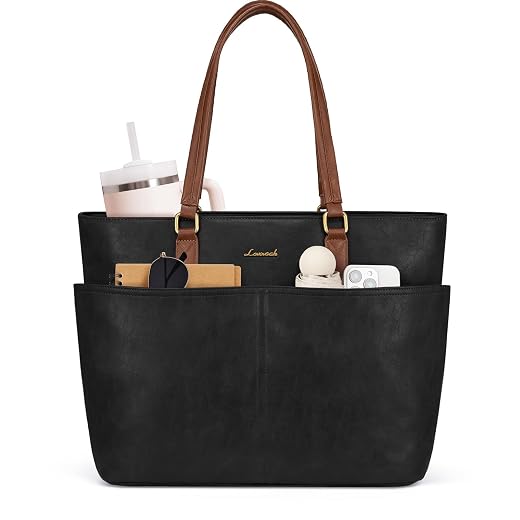 LOVEVOOK Work Tote Bags for Women, Vintage Leather 15.6 Inch Laptop Bag with Large Cup Holder, Teacher Nurse Medical Professional Computer Bag, Office Briefcase Handbag Gift