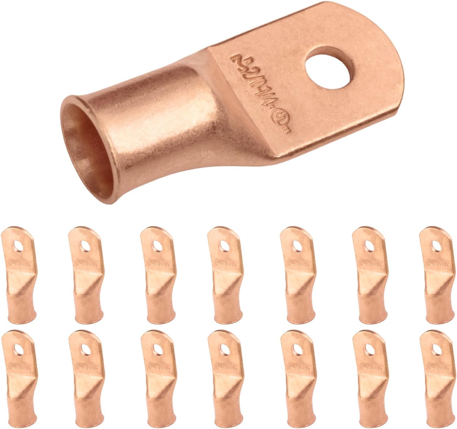 SELTERM 2/0 AWG (70 mm²) - 1/4" (M6) ⌀ Hole UL Heavy Duty Wire Lugs, Battery Cable Ends, Bare Copper Eyelets, Tubular Ring Terminal Connectors [B75] - 15 Pack