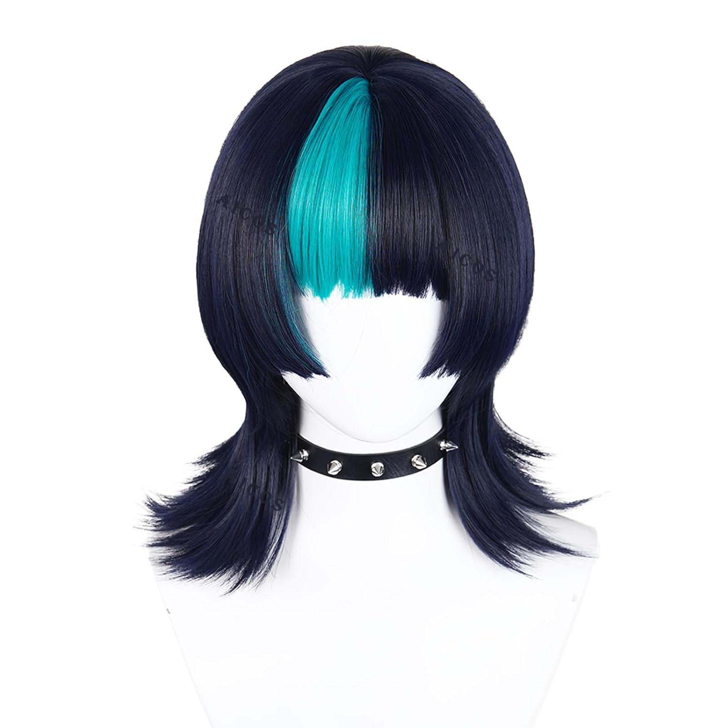 Aicos Teal Blue and Black Medium Curly Wig with Bangs Anime Cosplay Costume Wig for Party Halloween Props Accessory
