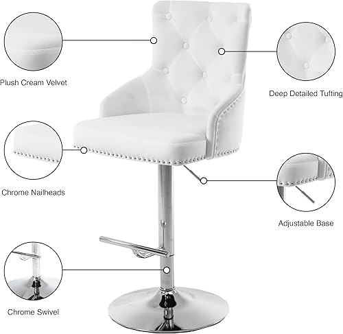 Miniatura 7 de Meridian Furniture Colección Claude Modern Barra ajustable tapizada de terciopelo contemporáneo Taburete de mostrador con base de metal cromado