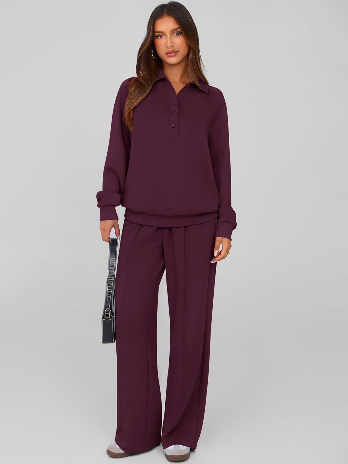 PRETTYGARDEN Women Fall 2 Piece Outfits Sweatsuits Quarter Button Long Sleeve Sweatshirt Wide Leg Pants Tracksuit Lounge Sets - Image 2