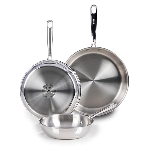 T-Fal Pro Tri-Ply Stainless Steel Cookware Set, 3-Piece Induction Cookware, Oven Safe 500F, Fast & Even Heat, Professional Quality, Durable Pots and Pans Set, Fry Pan, Silver