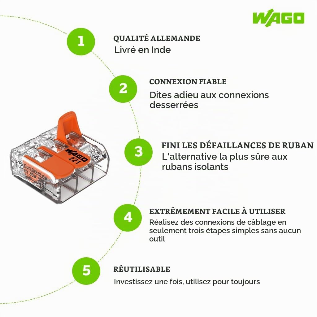 Wago 221-413 Lot de 50 boîtiers de raccordement avec leviers 3 connecteurs 12 V 220 - 240 V | Connecteurs compacts transparents pour fils rigides et souples, boîtiers de raccordement 4 mm², usage 12 V et 220 V.