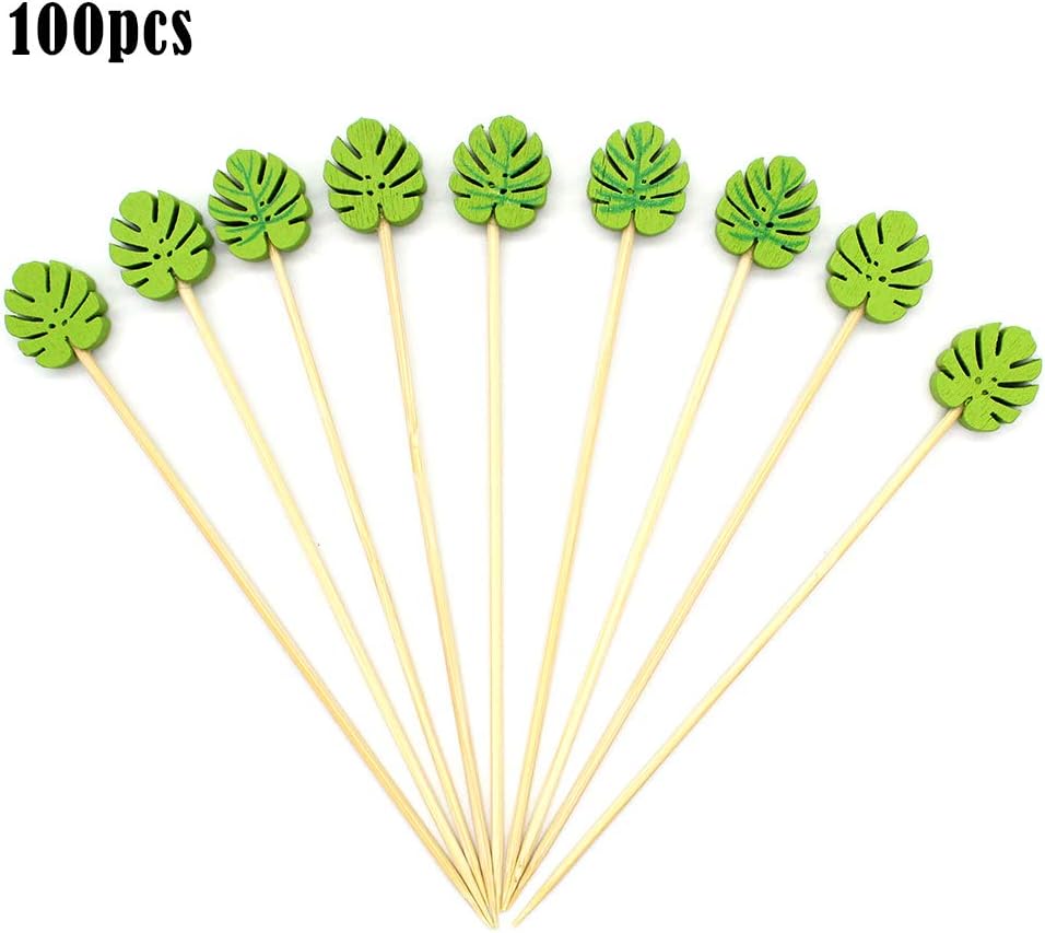 Cocktail Sticks Dylan-EU Wooden Toothpicks 100 Pcs Bamboo Skewers 13 cm Party Tableware for Finger Food Fruits Snacks Sandwich Barbeque Cake - Green Leaves