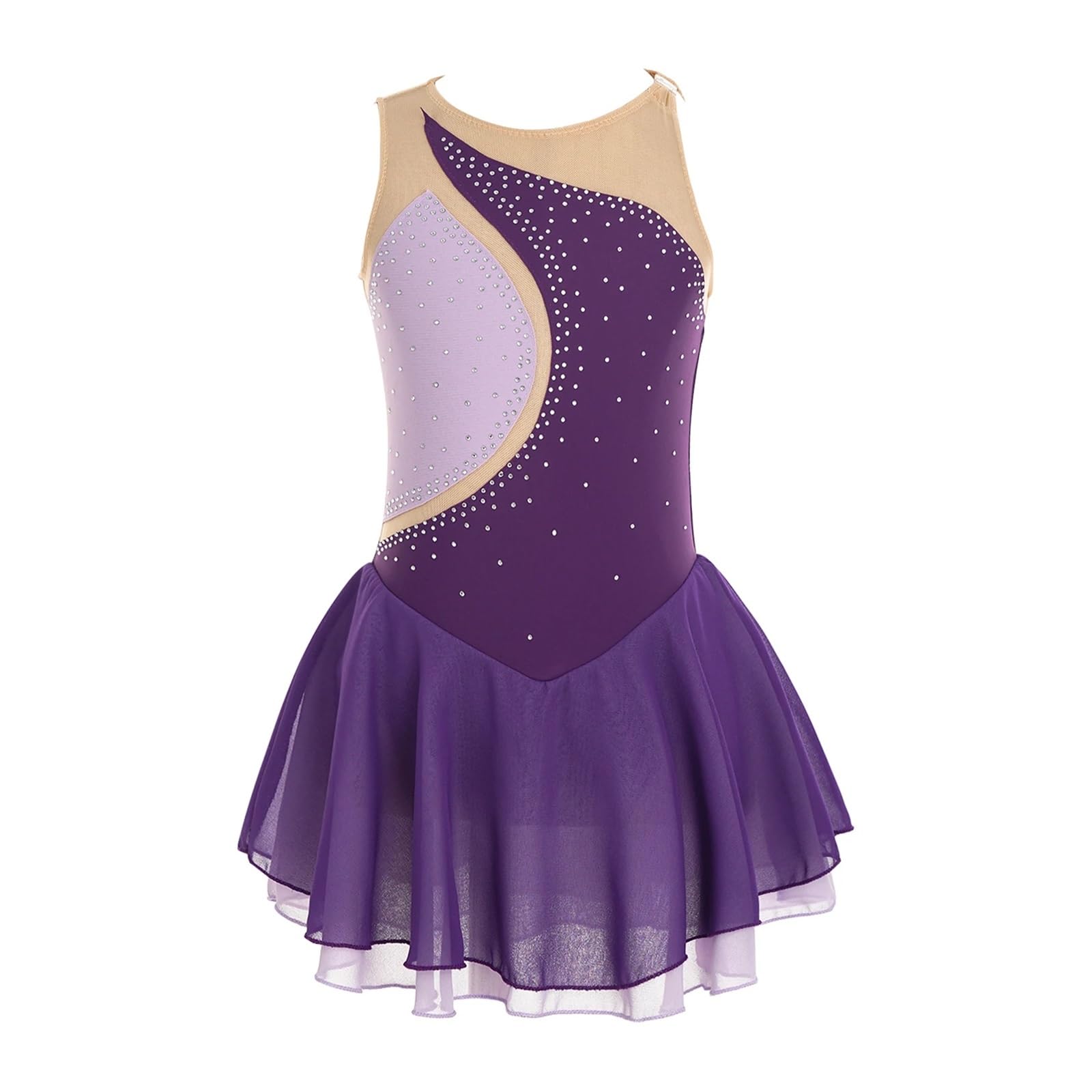 Medias Patinaje Artistico Niña Vestido de patinaje sobre hielo for niñas, vestido de Ballet sin mangas con empalme de malla con diamantes de imitación, trajes de actuación de leotardo de gimnasia(Purp