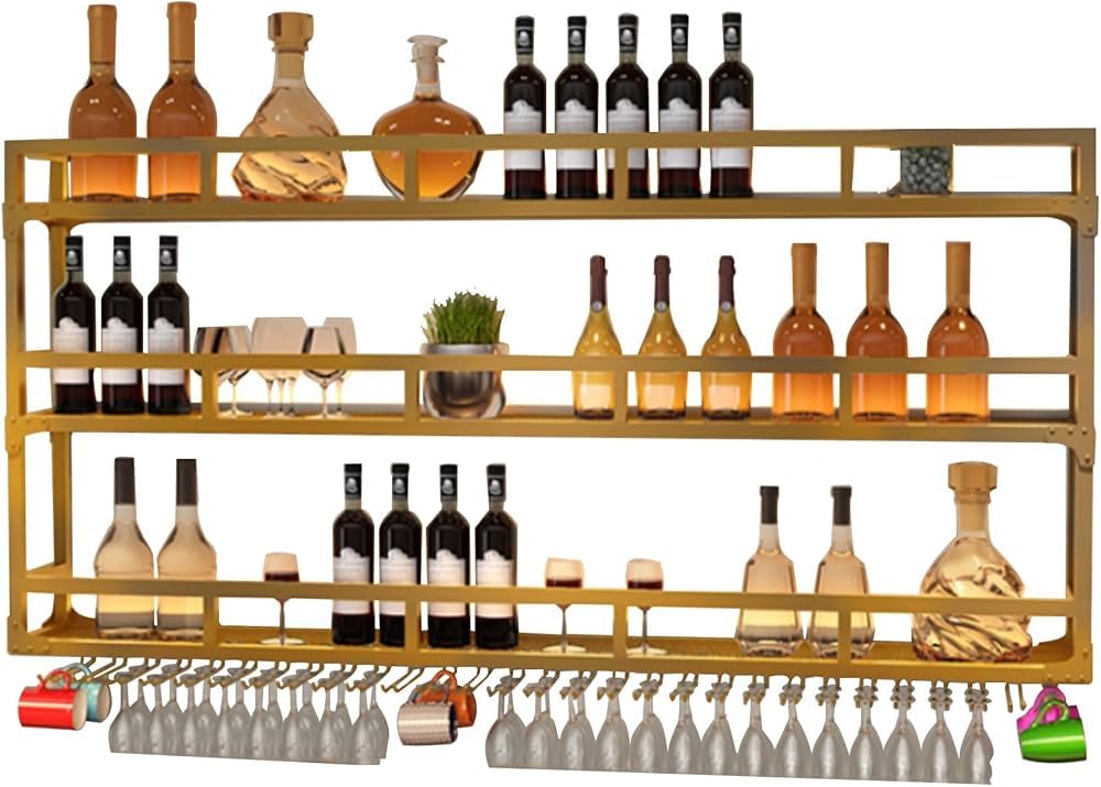Casier à vin mural doré de 150 cm avec porte-verres et éclairage LED