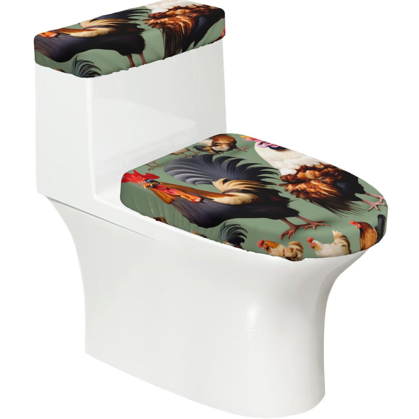 Rooster and Chicken Elastic Toilet Cover Set of 2-Stretchy Lid and Tank Covers for Bathroom, Soft Washable U Shape Toilet Decor