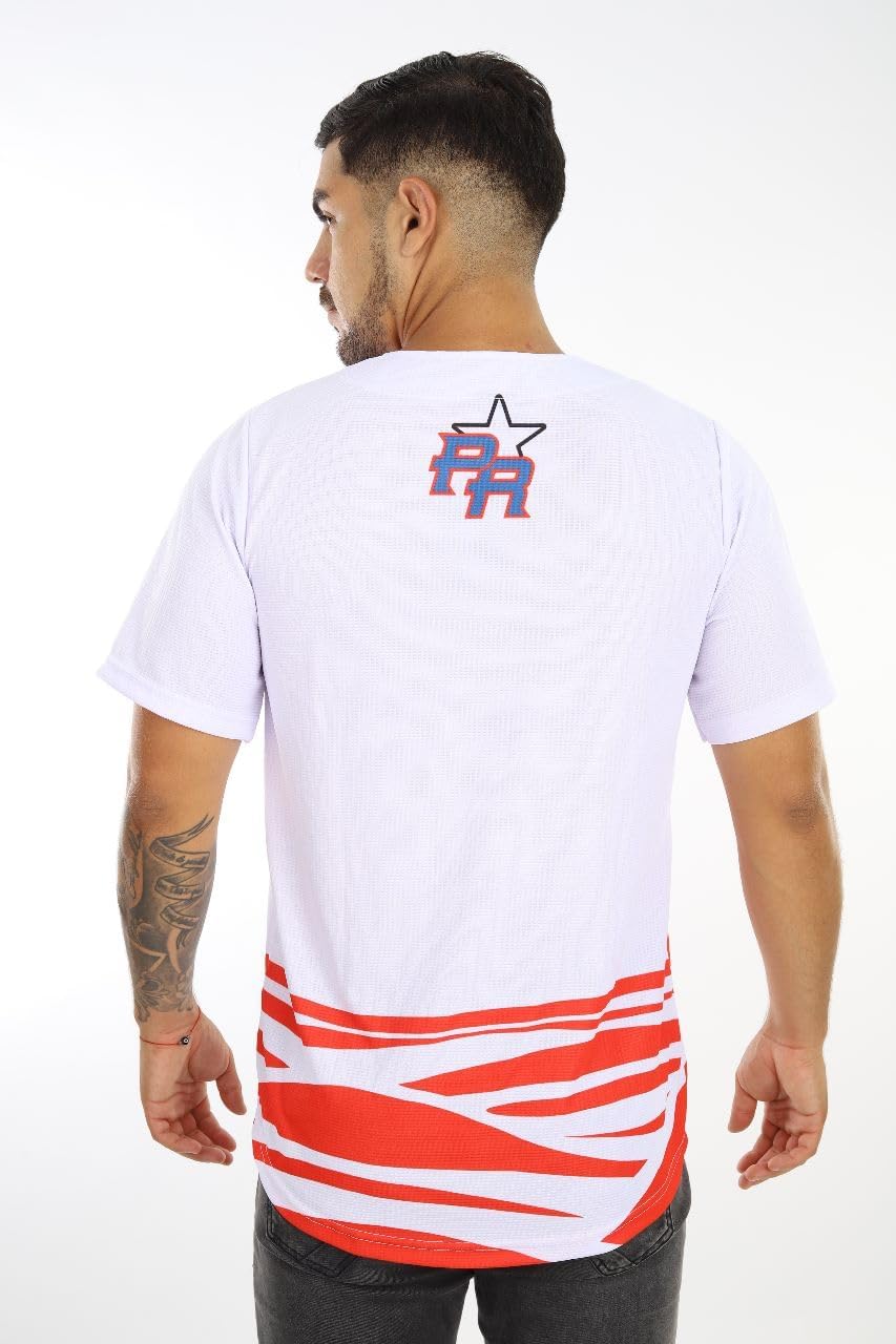 Puerto Rico Baseball Jersey for Men, White Blue/Red Button Down Short Sleeve Sports Shirt, Lightweight