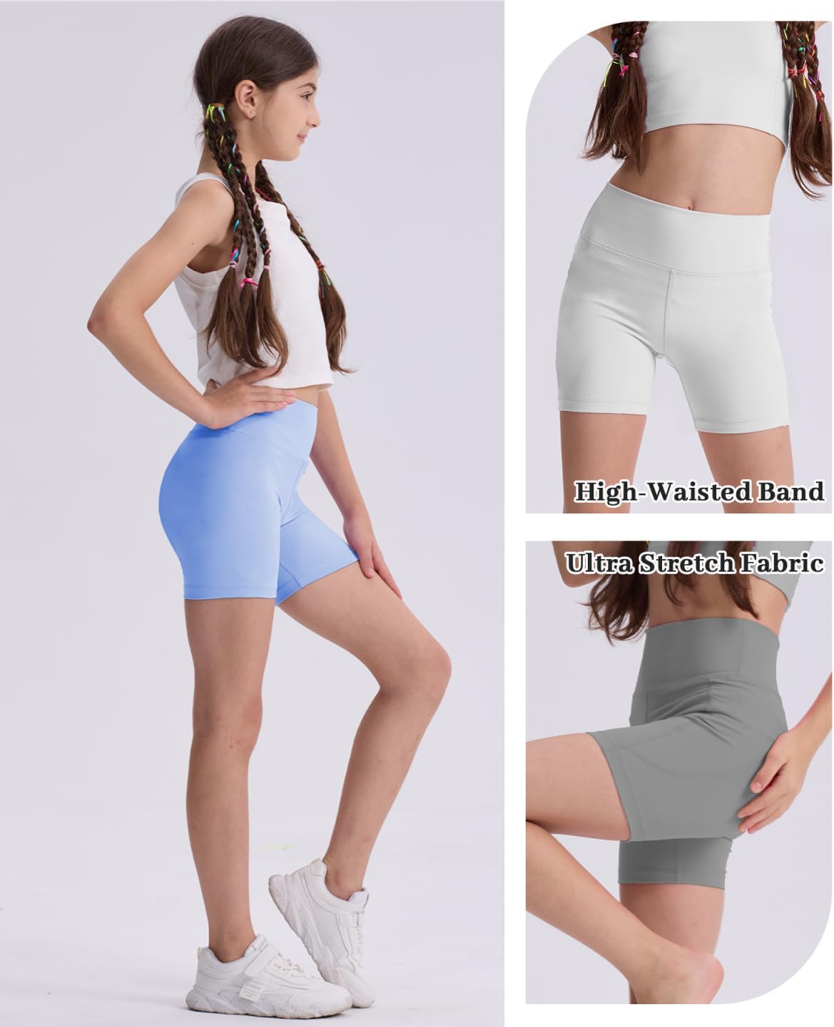 5 Pack Girls 4'' Athletic Bike Shorts, High Waisted Running Workout Yoga Volleyball Shorts for Kids Teen