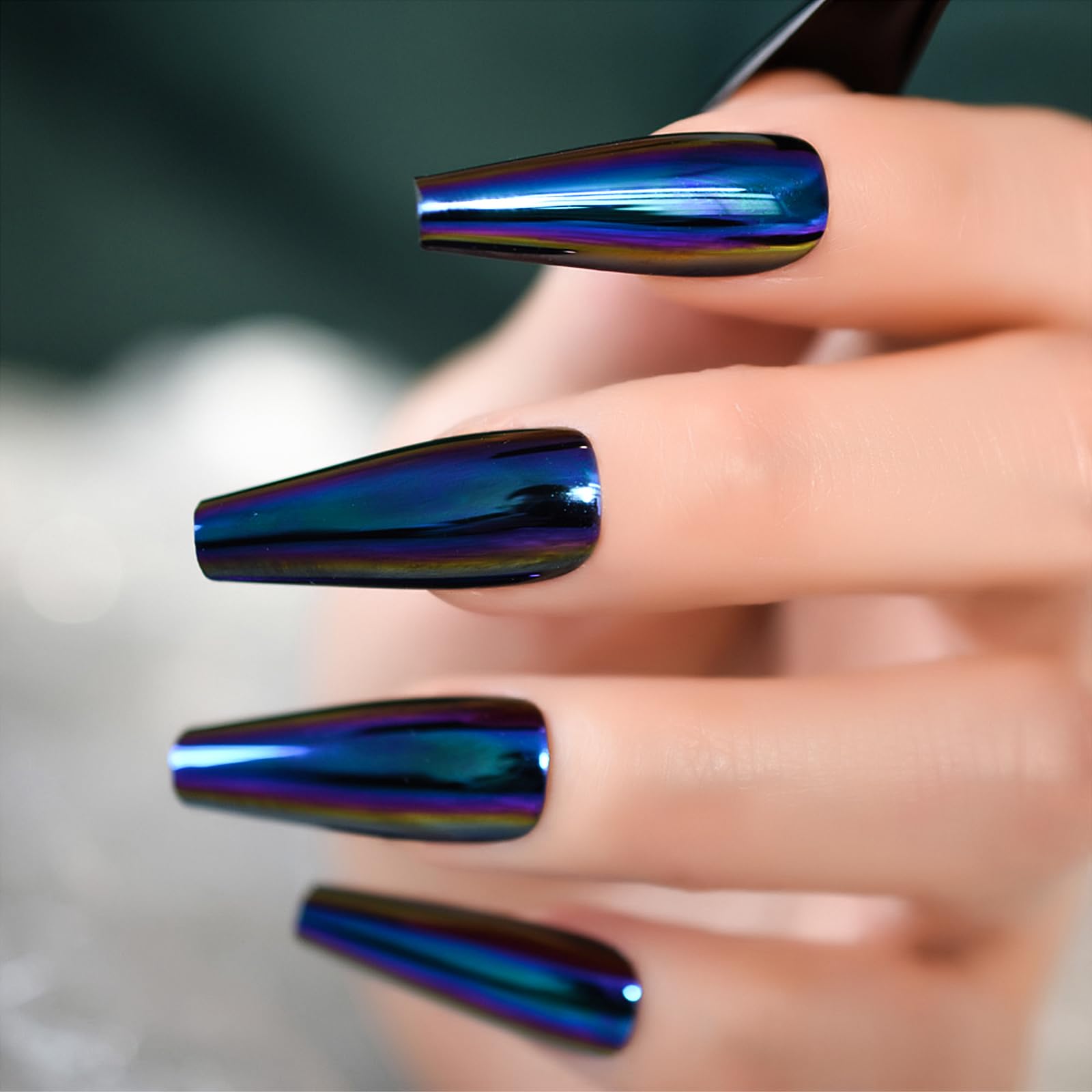 Press Metallic Mirror Holo Chrome Diamond Blue False Nails Extra Long Coffin Fake Fingernails Women Girls Reusable Acrylic Manicure Nail Art Tips For Daily Dating Office Home Party