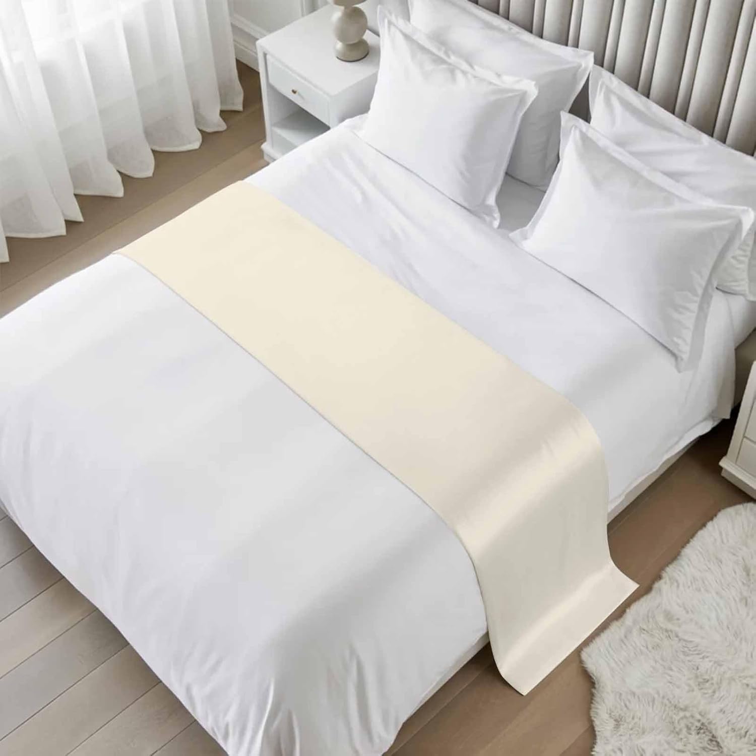 Cream Bed Runner Queen/Full Size, Modern Pure Beige Bed Scarf Protector Slipcover for Bedroom Wedding Room Hotel, Bedding Runner Throws for Foot of Beds 83"x20"