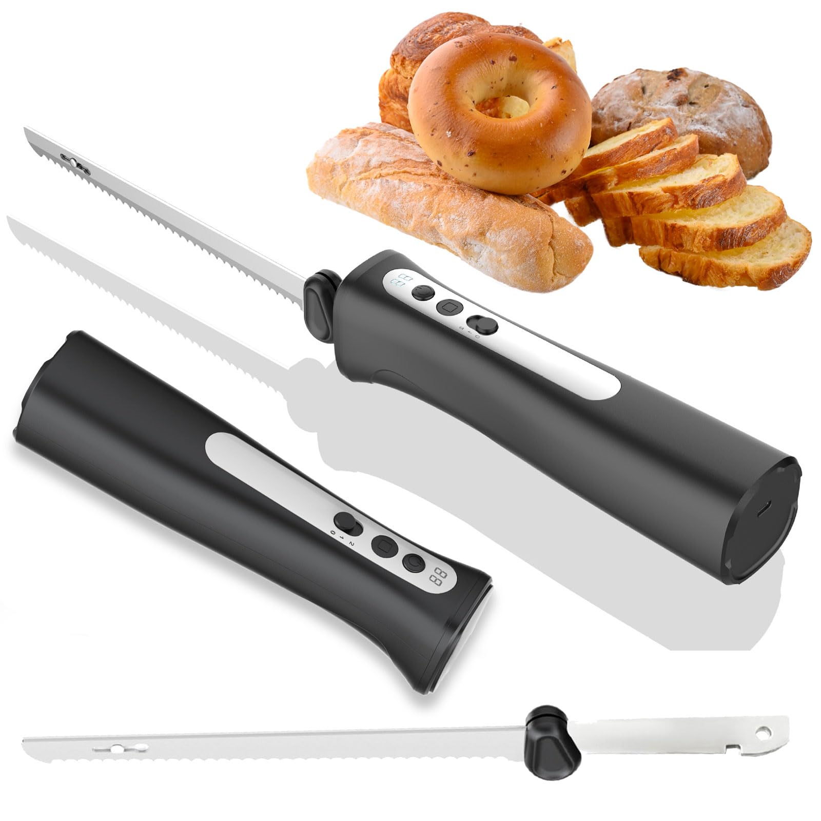 Couteau électrique sans fil – avec 2 lames polyvalentes, couteau à pain et à viande rechargeable avec Couteau électrique sans fil – avec 2 lames polyvalentes, couteau à pain et à viande rechargeable avec