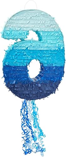 Miniatura 4 de Piñata de cuerda con el número 6 para decoración de fiesta de cumpleaños número 6, color azul degradado (16.5 x 11.3 x 3 pulgadas)