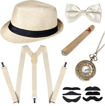 1920s Mens Accessories Gangster Beret Y-Back Suspender Beard Bow Tie Pocket Watch Cigar 1920s Mens Costume Accessories
