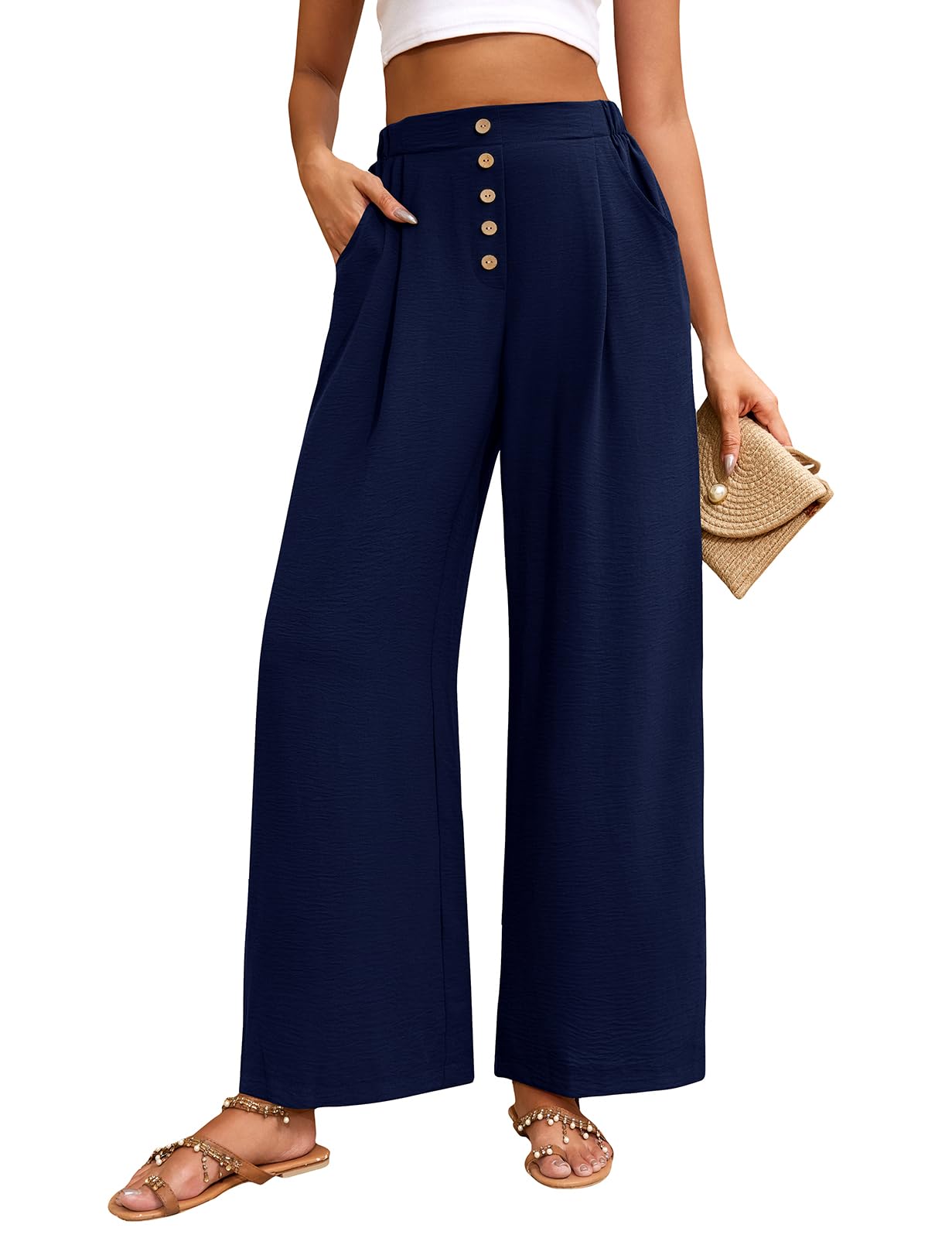 TOMEEK Pantalon Fluide Femme Eté Large Taille Haute Femme Chic et Elegant avec Poches Large Casual Décontractée Léger Ample Pants