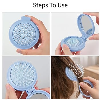 Dark Light Blue Ocean Mini Foldable Travel Mirror Hair Brush, Compact Mirror With Mini Hair Brush Set For Men Women, Travel Essential Compact Comb Women's Handbag Essential For Purse Or Backpack