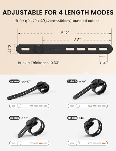 Miniatura 5 de Lamicall - Paquete de 10 bridas de silicona para cables, organizador de cables reutilizable duradero con hebilla de bloqueo, correas elásticas para