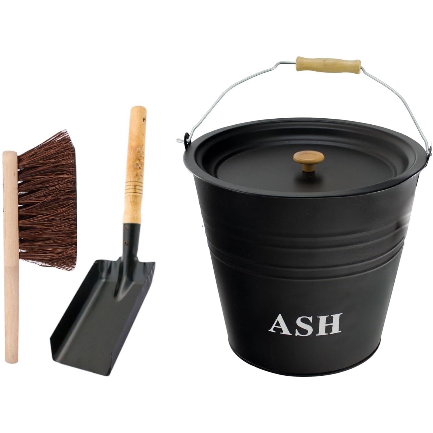 Almineez Black 12L Steel Ash Bucket With Lid Wooden Handle + Shovel & Brush Fireside Fireplace Coal Logs Bbq Storage Holder Firepits Hearth Wood Burning Stoves Fire Pit Wood Burning Stove Bin