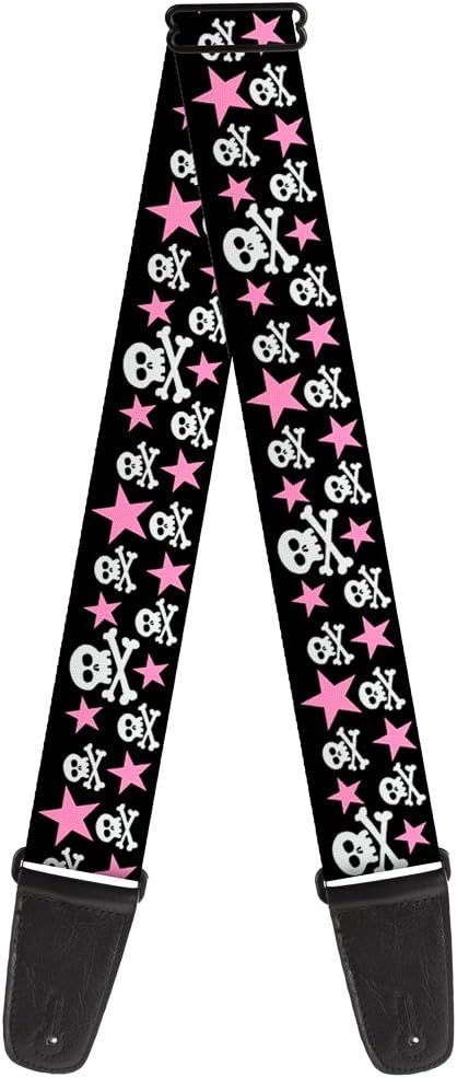 Buckle-Down Guitar Strap Skulls Stars Black White Pink 2 Inches Wide