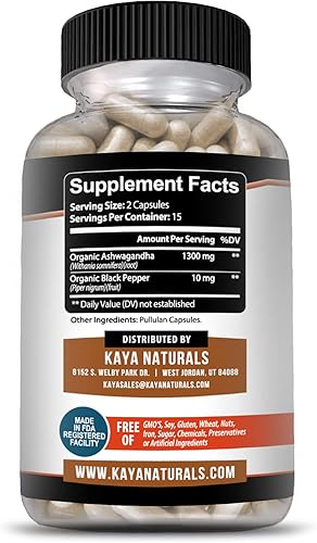 Miniatura 3 de Kaya Naturals Raíz de ashwagandha orgánica con pimienta negra  Suplemento adaptógeno de máxima fuerza de 1300 mg, ayuda a la salud suprarrenal,