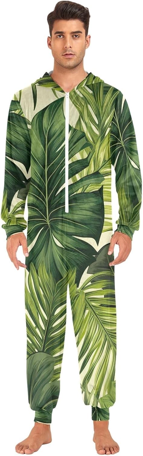 GAIREG Palm Leaves Palm Tree Green Adult Onesie Pajamas, Soft Hooded One Piece Loungewear Zip Front