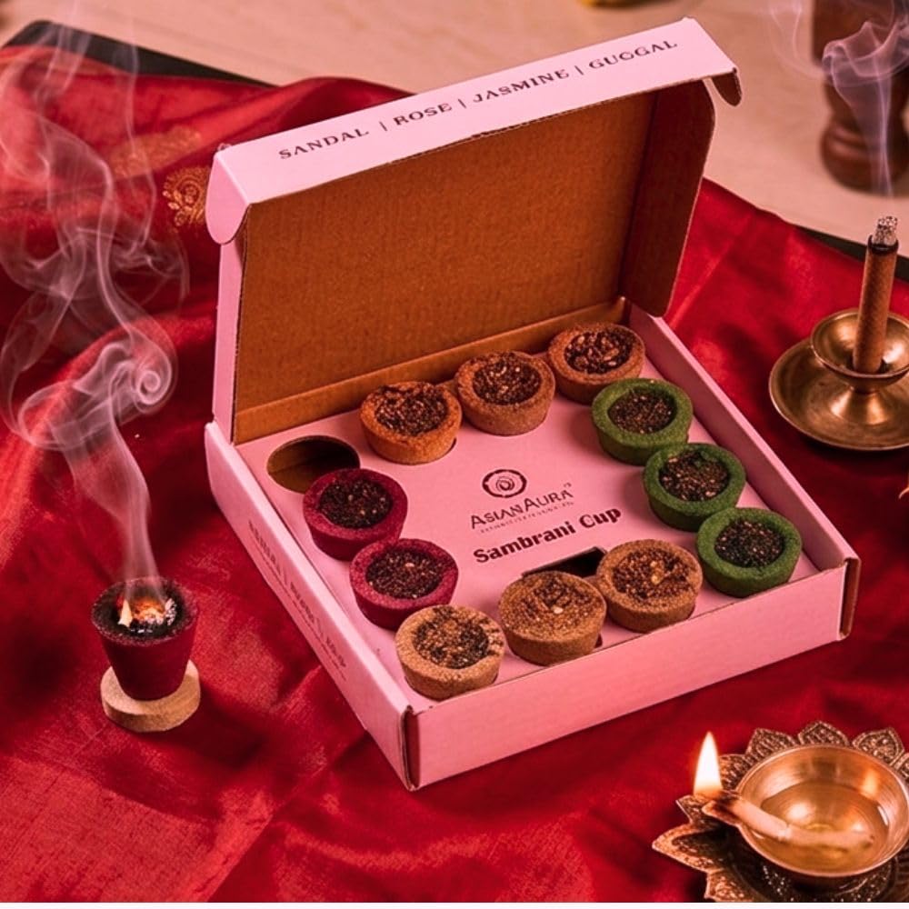 Asian Aura 4-in-1 Sambrani Dhoop Cups | Sandalwood, Rose, Jasmine & Guggal | 12 Havan Cups with 1 Stand | Natural Loban, Jatamansi & Herbs | Pooja, Meditation, Yoga & Home Purifying-picture-19