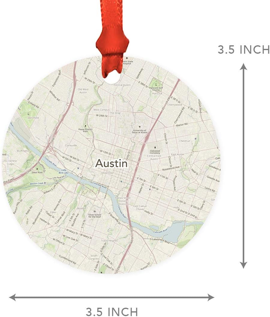 Andaz Press U.S. City Map Round Metal Christmas Ornament Gift, Austin, Texas Vintage Map, 1-Pack, Long Distance College Going Away Study Abroad Birthday