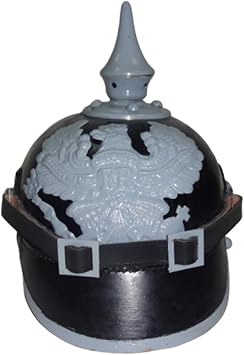 warreplica Imperial German M15 Spiked Pickelhaube Officer Helmet Black Leather with Field Grey Trim Prussian WWI Officer Headgear Reproduction Authentic Spike Helmet for Reenactment & Display