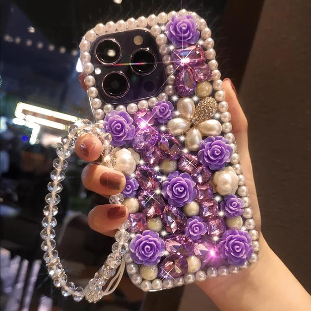Custodia per telefono con fiore di perle di diamanti adatta per iPhone 15 14 Pro Max 13 12 11 X XR XS 8 Custodia con braccialetto trasparente a forma di fiore, viola, per iPhone 12Pro Max