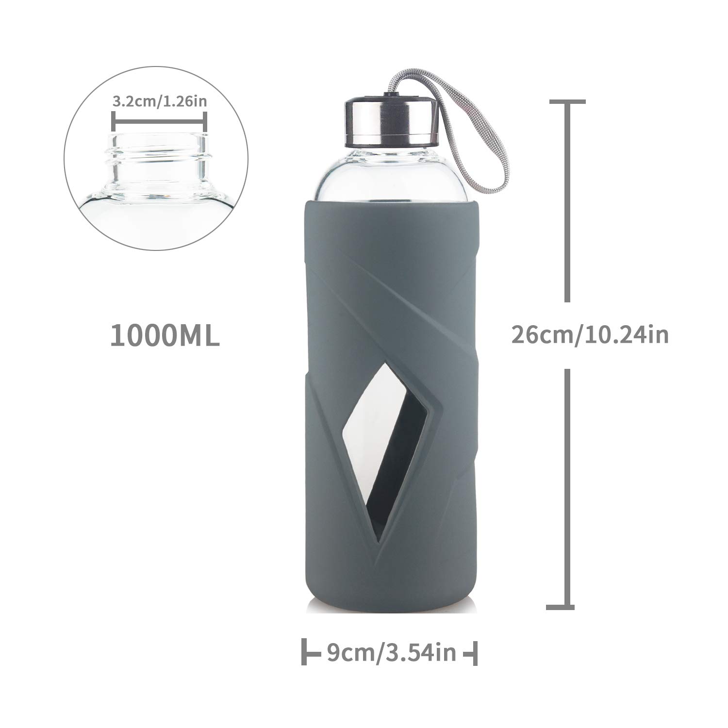 SHOW INGENUITY 1000ml Flacone di Acqua di Vetro Borosilicato Con Manicotto di Copertura Protettiva in Silicone e Coperchio di Acciaio Inossidabile