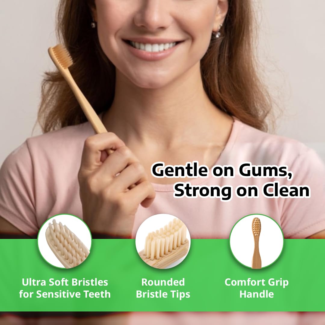 BambooIndia Bamboo Standard Toothbrush Manual | Pack Of 6 For Adults & Kids | Antibacterial & Biodegradable Handle | Natural & Eco-Friendly | Natural Colour Brush Set For Family - Image 6 thumbnail