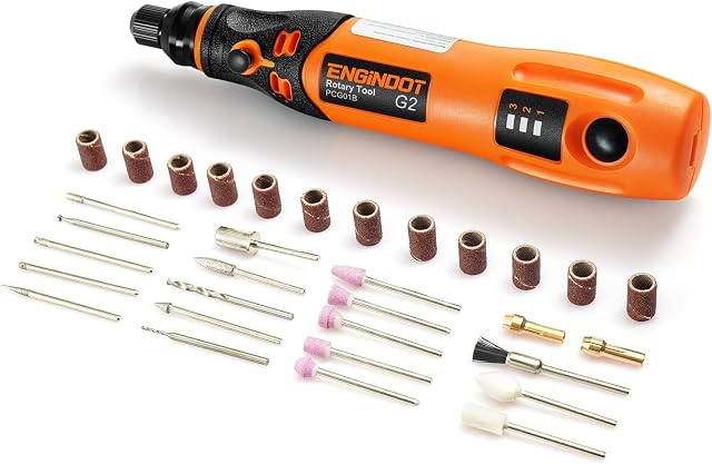ENGiNDOT Cordless Rotary Tool, 3.7V 5000-15000 RPM Cordless Mini Rotary Tool with 3 Variable Speed, with 32 Pieces Rotary Accessories, USB Charging Cable,PCG01B