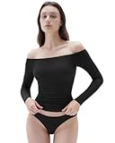 Women Padded Off The Shoulder Tops Ribbed Long Sleeve Shirts Fall Basic