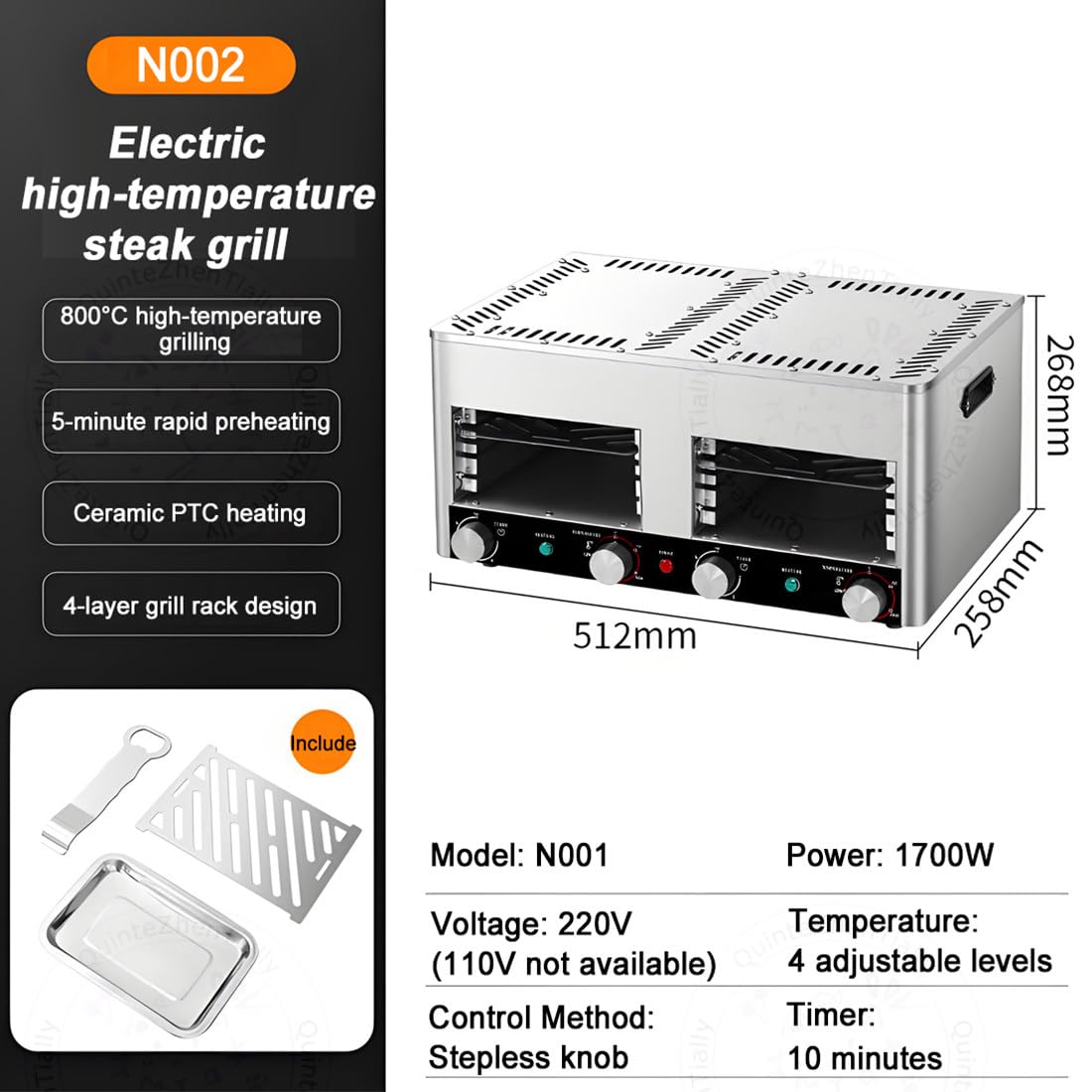 Elektryczny Grill Steków Bezdymny Opiekacz Użytku Komercyjnego N002 | Nablatowy,Stal Nierdzewna,1700 W / 3400 W,Czas 0–10 Minut,Do Grillowania,Kemping,Bankiety,Przyjęcia Ogrodzie,Bufety