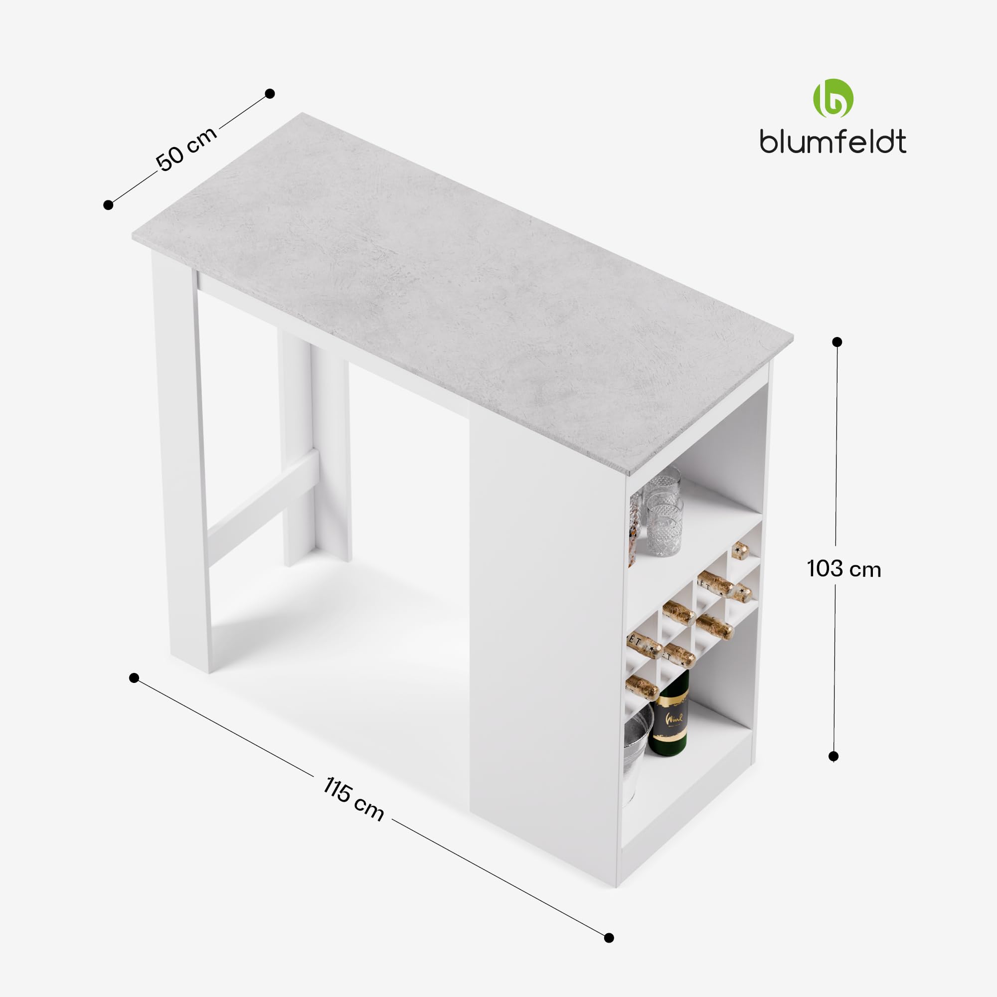 blumfeldt Tavolo Bar, Tavolo da Bar Alto per Cucina 110 cm con 3 Ripiani Regolabili, Tavolo Alto da Esterno Facile da Assemblare, Tavolo Bar Cucina a Isola, Rivestimento in Melamina Facile da Pulire