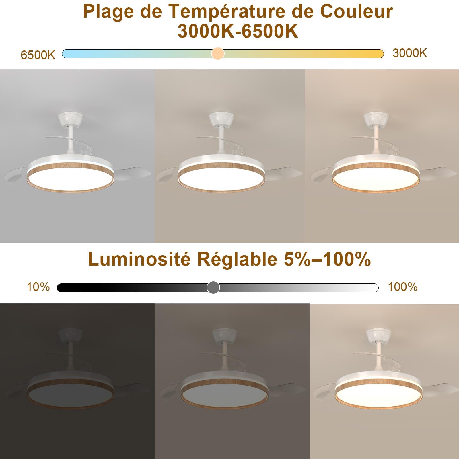 Rétractable Ventilateur Plafond avec Lumière, Ventilateur Plafond LED avec Telecommande, 3 Températures, 6 Vitesses Silencieux, 3 Pales Rétractables, Plafonnier Ventilateur pour Chambre Salon