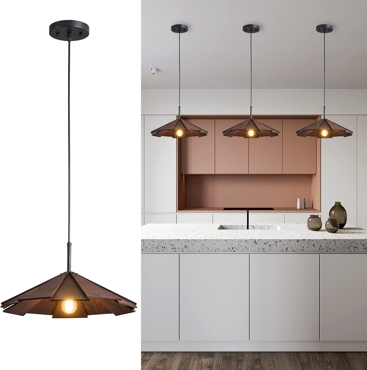 Farmhouse Pendant Light Wood Hanging Light Ceiling Chandelier, Modern Adjustable Hanging Ceiling Light Fixtures for Kitchen Island,Dining Room, Living Room, Bedroom(3-Pack)