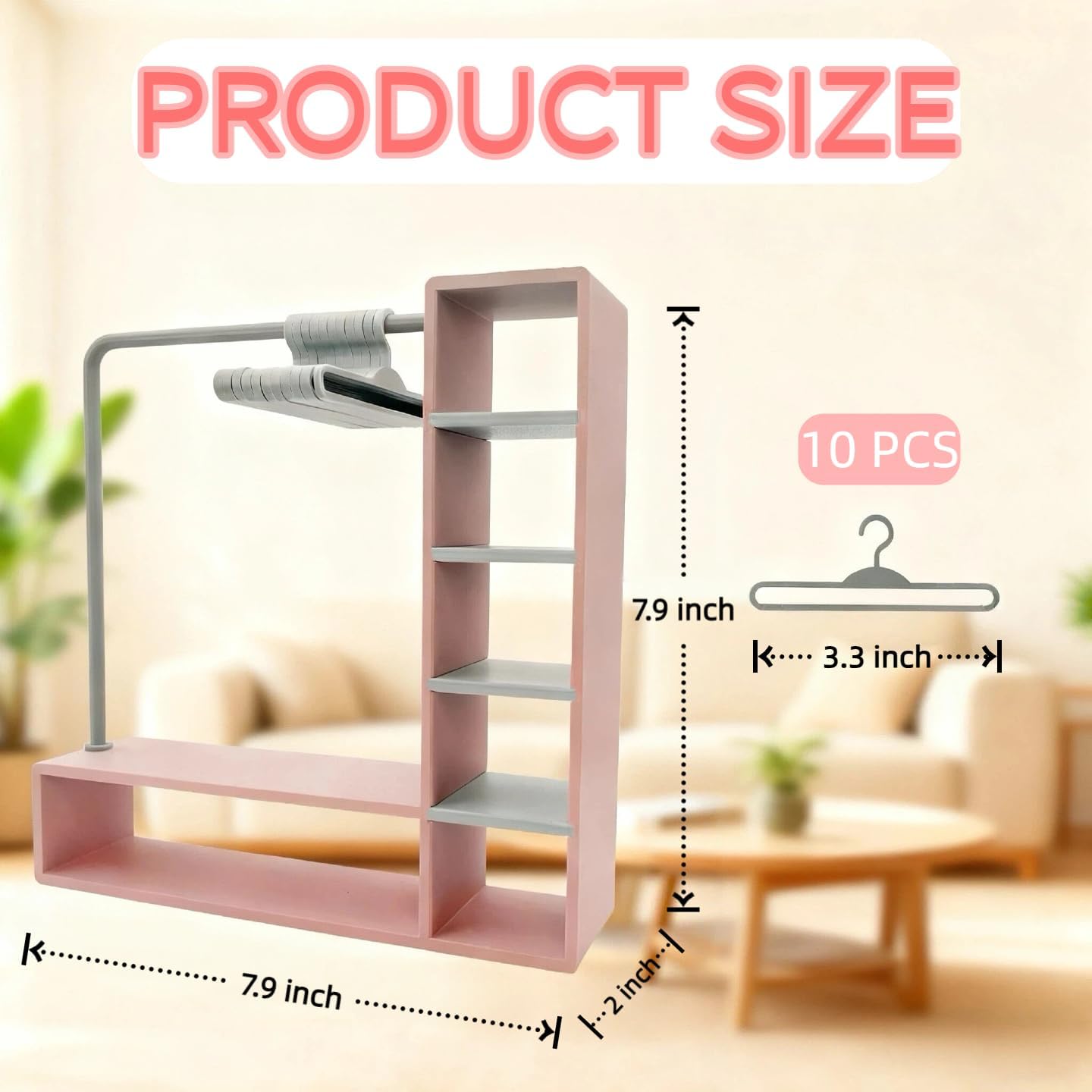 Doll Clothes Closet with 10 Hangers, Pink & Gray Color Block Doll Accessories Display Wardrobe, Compatible with Fasion Doll Clothes,Portable Storage for Figures,Gift