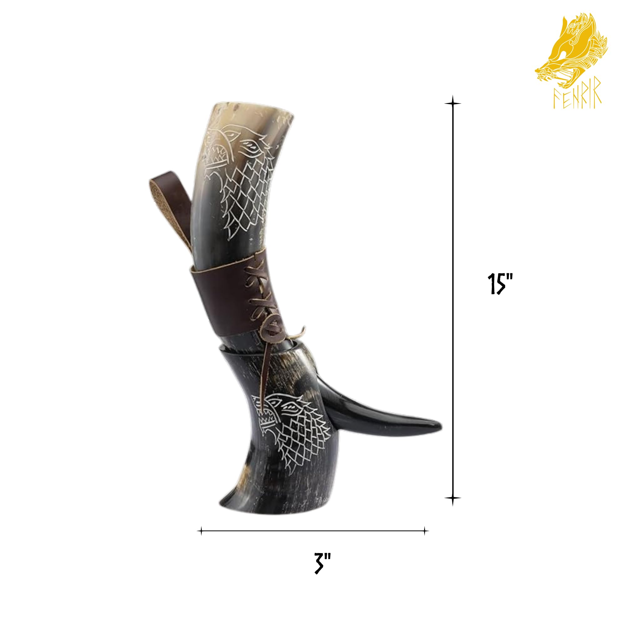 FENRIR Corno vichingo con supporto, 473,6 g, regalo per uomini, papà, marito, tazza in corno di bue naturale con apribottiglie Thor e fondina in pelle, per birra, alle, idromele (lupo lucido naturale)