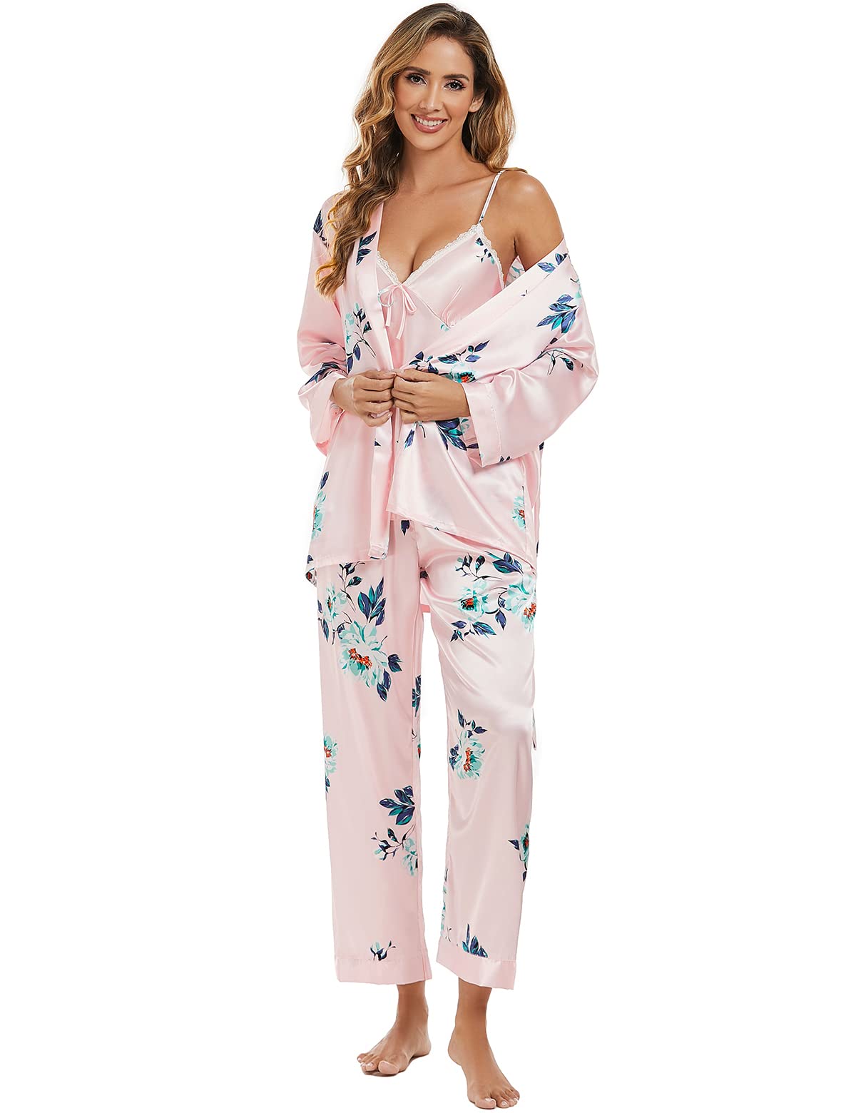 Escalier Women's Floral Silk Satin 3Pc Pajama Set Cami Robe Pants Sleepwear