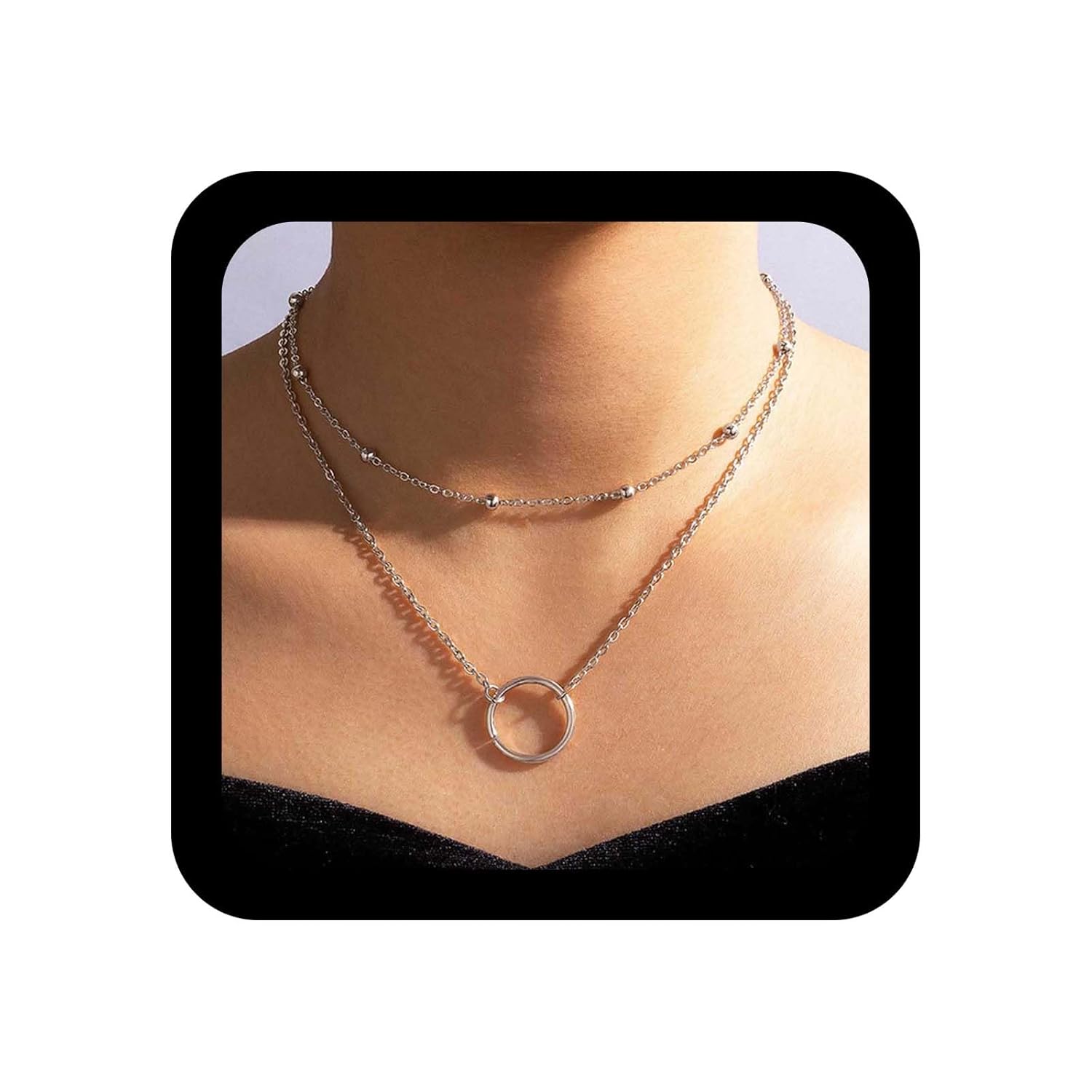 YienDoo Boho Layered Circle Choker Necklace Silver Tiny Beaded Choker Hollow Disc Pendant Necklace Layered Hoop Necklace Charm Statement Necklace Jewelry for Women