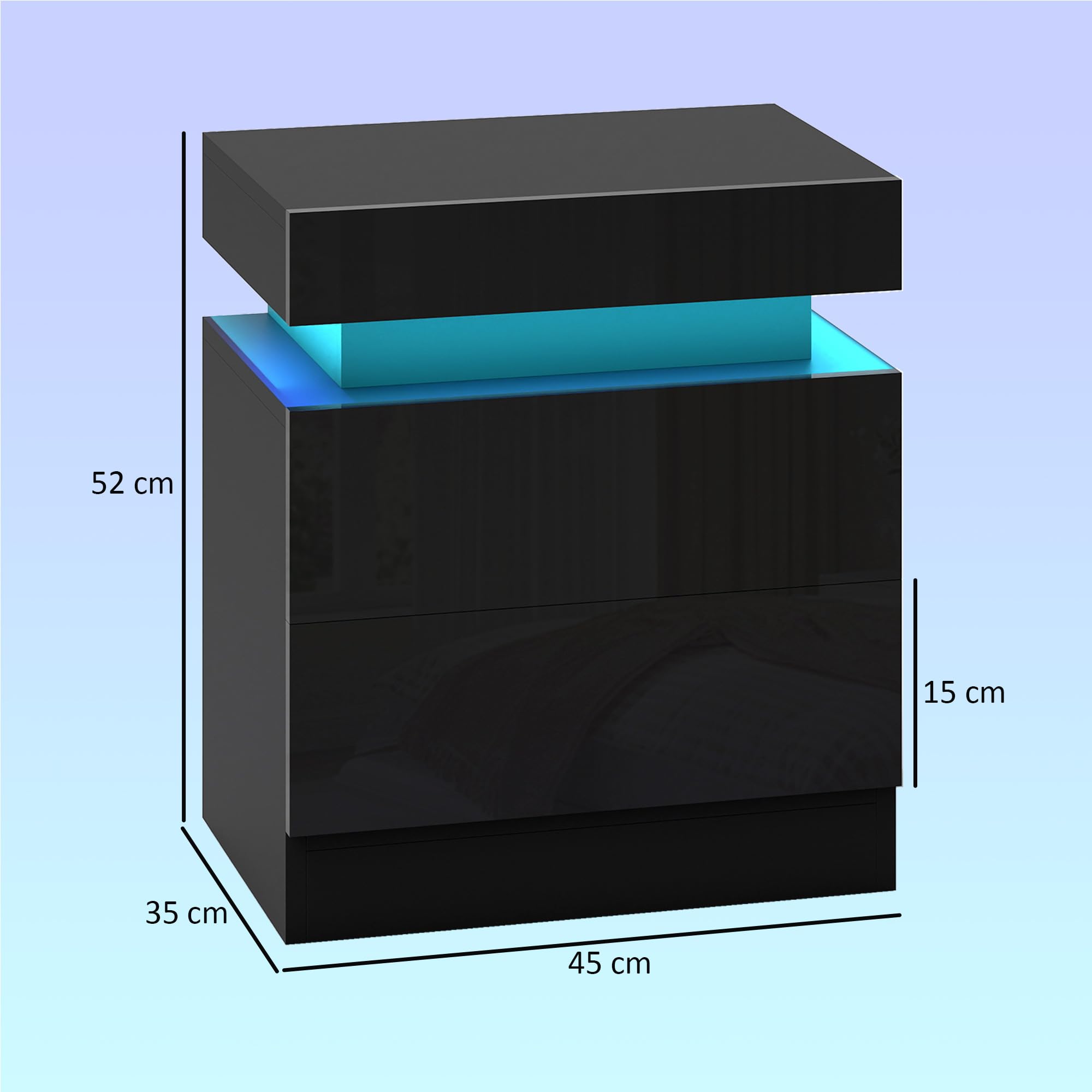 HOMCOM Set di 2 Comodini Camera da Letto con LED 45x35x52 cm Nero Lucido | 16 Colori, 4 Modalità, Coppia di Comodino Salvaspazio, 2 Cassetti, Tavolini per Camera da Letto